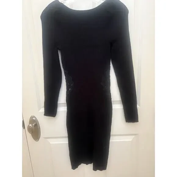 EXPRESS BLACK PUFF SHOULDER LACE PIECED BODY CONTOUR SWEATER DRESS Small - Picture 3 of 8